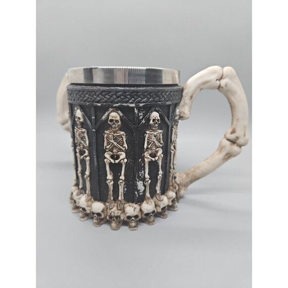 Set Of (2) Skeletons & Skulls 3-D Tankard Stainless Steel Goth Drinking Mug/ Cup - Picture 3 of 8